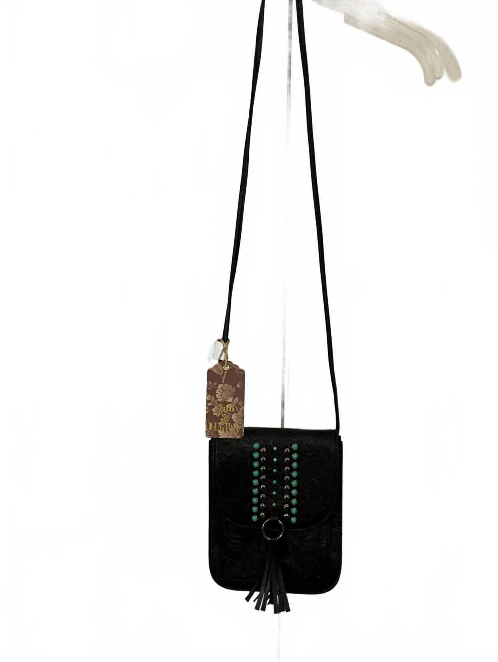 NWT Sam & Hadley Black and Turquoise Tooled Western Mini Crossbody Bag details